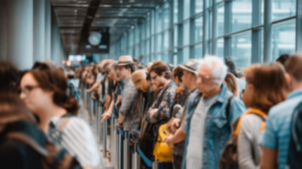Blurred background of long queue of travelers or immigrants waiting at passport control. International travel, border procedures, global movement, human flow at airports, immigration checkpoints.
