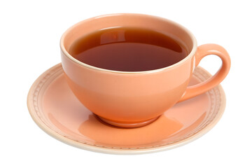 A hot cup of freshly brewed black tea in a vibrant orange ceramic teacup and saucer, isolated on a clean white background.