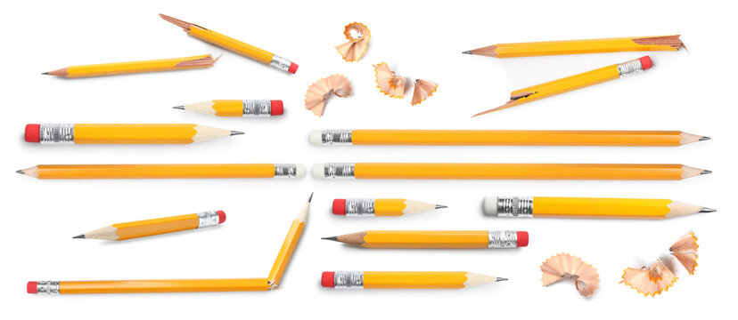 Pencils and shavings on white background, set