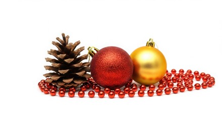 Pinecone and christmas ornaments with red beads