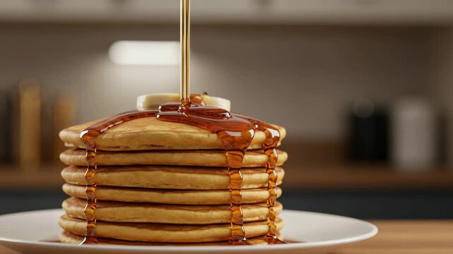 Stack of pancakes drizzled with syrup on white plate in kitchen  