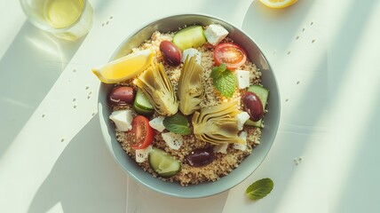 A fresh couscous salad with artichoke, tomato, and feta cheese