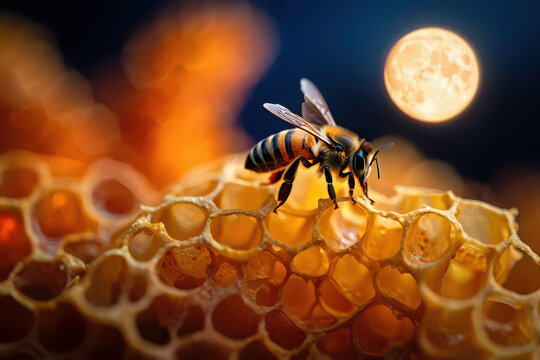 A bee rests on a honeycomb with a full moon in the background at night