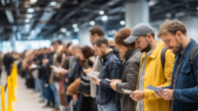 Blurred background of long queue of travelers or immigrants waiting at passport control. International travel, border procedures, global movement, human flow at airports, immigration checkpoints.