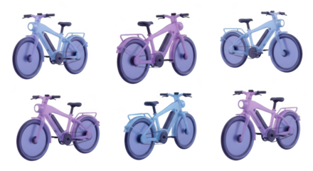 Six 3D electric bikes in various pastel colors are arranged on a white background for product presentation and advertising