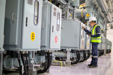 Power station engineer working on electrical control panel in industrial facility with safety...