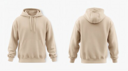 Beige hoodie template. Hoodie sweatshirt long sleeve with clipping path, hoody for design mockup for print, isolated on white background.