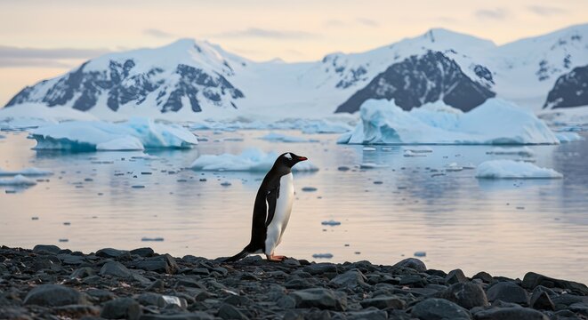 Penguin standing on a rocky shore in Antarctica, with icy waters and snow-capped mountains in the background