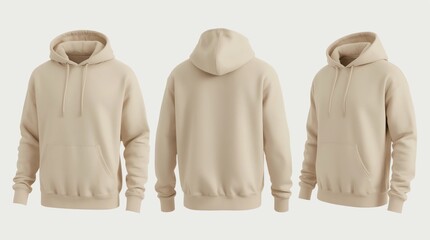 Beige hoodie template. Hoodie sweatshirt long sleeve with clipping path, hoody for design mockup for print, isolated on white background.