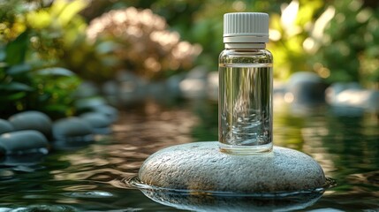 Obraz premium Mockup of clear essential oil bottle standing on a smooth stone in zen garden setting
