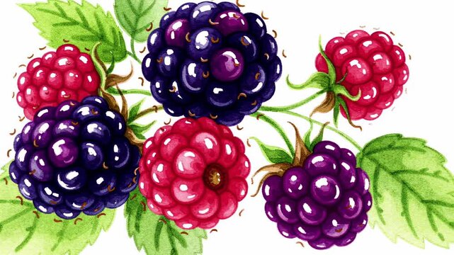 Watercolor illustration of raspberries and blackberries with leaves