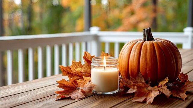 Autumn decoration with pumpkin, candle, and leaves on wooden table in serene outdoor setting with vibrant fall colors