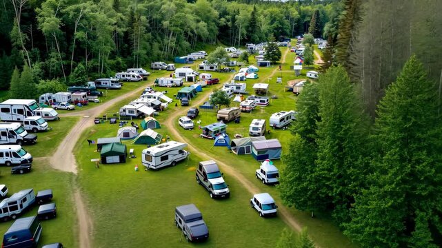 A vibrant campsite showcases numerous tents and RVs positioned within a beautiful green landscape, ideal for outdoor enthusiasts