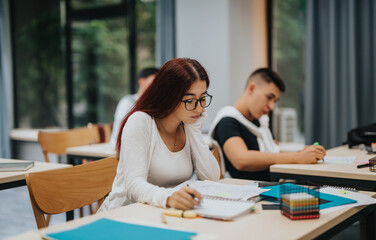 Students engaged in studying at their desks in a classroom environment. The image captures focus and concentration amidst a bright and welcoming academic setting.