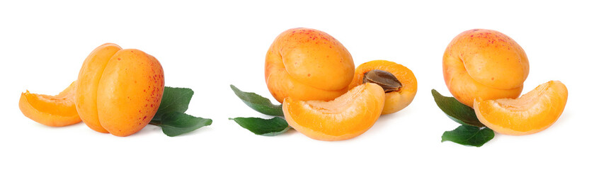 Fresh ripe apricots isolated on white, set
