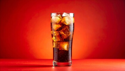 Refreshing Cola with Ice on Red Background