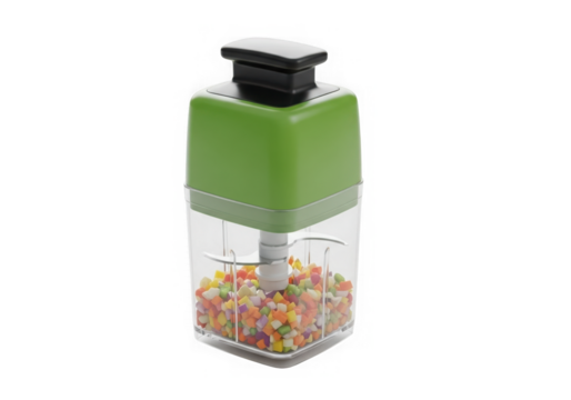 A green vegetable chopper is filled with colorful diced vegetables isolated on transparent background - Powered by Adobe