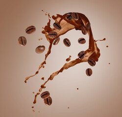 Coffee beans and splash of drink on brown gradient background