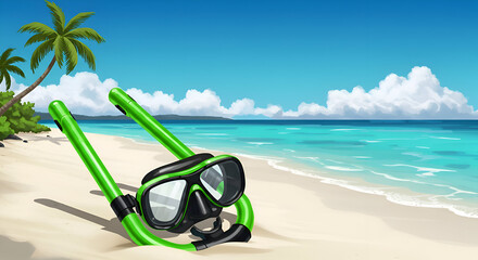 Green snorkel gear on tropical beach with calm ocean. Ideal for travel or water sports ads, highlighting vibrant fun.