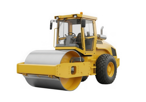 A yellow road roller is ready for construction work isolated on transparent background