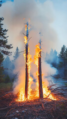 Forest Fire, Burning Tall Trees, Only Stumps Left, Natural Disaster, Drought