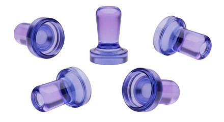 Group of translucent purple stamps in various angles isolated on a white background ready for use in creative design projects
