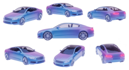 Several blue gradient coupe cars showcasing different angles isolated on a white background for automobile design or advertising use