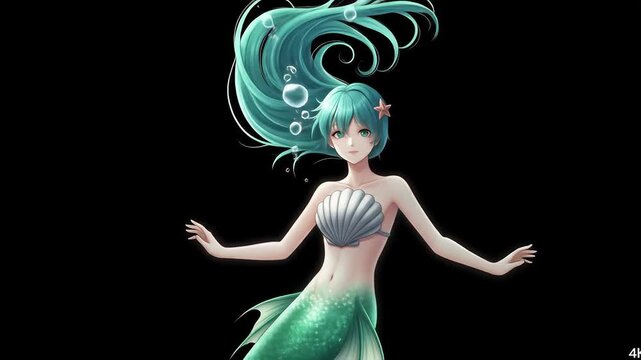 Anime Mermaid with Green Hair and Shell Bra in Dark Background