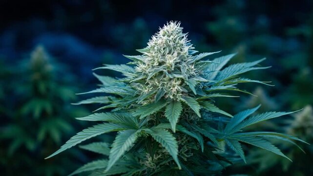 Explore the cinematic depth of studio-lit cannabis flowers, focusing on glandular trichomes and serrated sugar leaves to highlight CBD content.