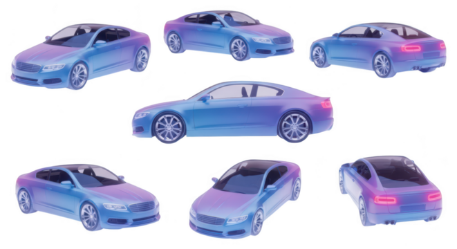 Several blue gradient coupe cars showcasing different angles isolated on a white background for automobile design or advertising use