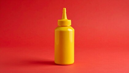 Yellow Mustard Squeeze Bottle on Red Background