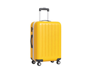 Cute 3d cartoon yellow luggage isolated on white background. Plastic style