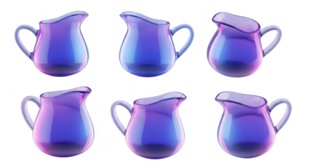 Six blue glass pitchers in different positions isolated on white suitable for product catalogs or advertising