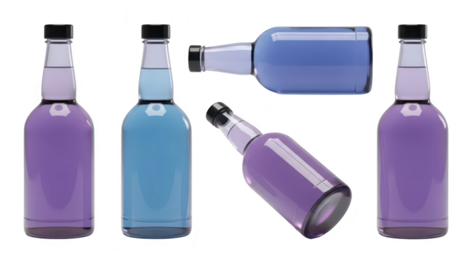 Glass bottles colored liquids varying angles isolated white background product mockup advertisement concept