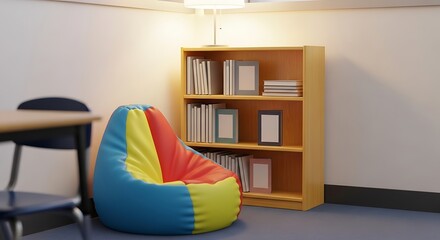 Fototapeta premium Colorful beanbag chair and bookshelf in a quiet corner of a classroom.