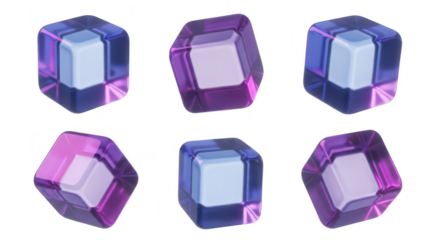 Six multi-colored glass cubes are floating against a clean white background showing different angles used for abstract design