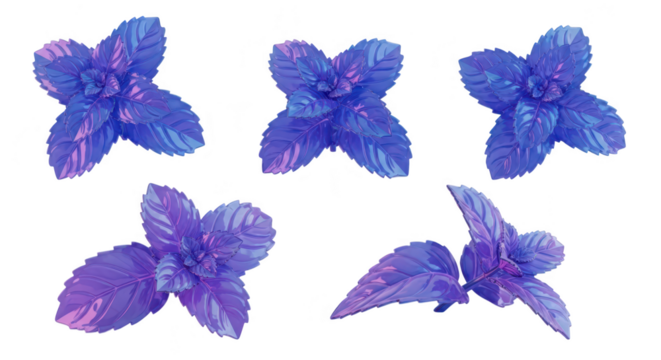 Purple basil leaves arranged isolated on white background for culinary design and aromatherapy use Soft light and shading