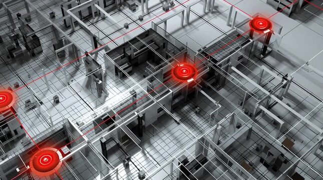 OT security. Operational technology network with digital nodes.