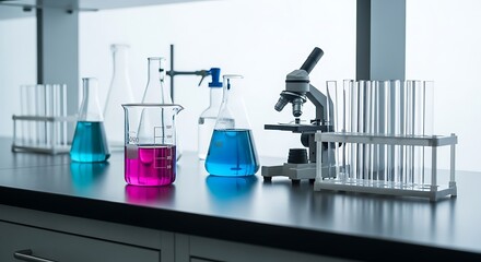 Laboratory setup featuring glassware, microscope, and colorful liquids on a clean surface.
