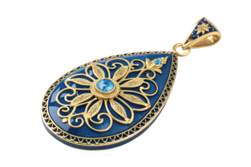 Luxury blue and gold floral teardrop pendant with a central gemstone, detailed jewelry closeup isolated on a white background.