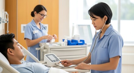 Fototapeta premium Female Nurse Using Stethoscope on Male Patient in Hospital Room