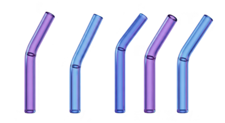 Bent glass straws in shades of blue and purple angled on a white backdrop for drink illustration and eco-friendly concepts