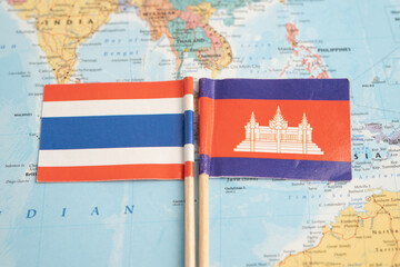 Thailand and Cambodia flag on world map.