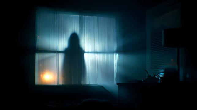 Blurred ghost silhouette in bedroom window at night horror scene on Halloween