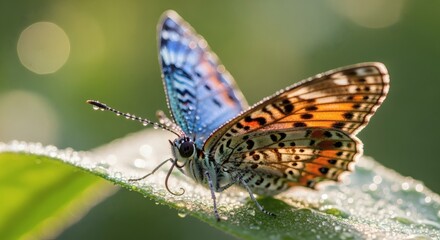 Obraz premium Close-up of a butterfly with blue and orange wings perched on a green leaf covered in water droplets, illuminated by soft, diffused sunlight.