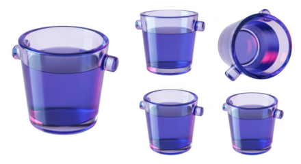 Several views of a translucent bucket containing purple liquid on a white backdrop suitable for illustration or design