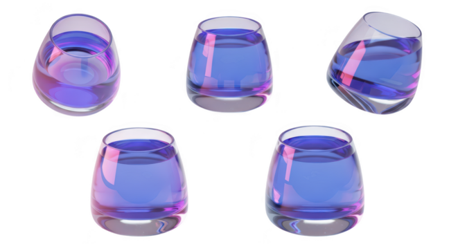 Five glasses filled with purple liquid tilted and upright against a gradient white background used for creative beverages or visual representation