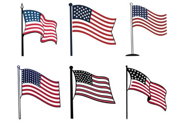 Stylized American Flags Set – Waving USA Flag Vector Collection for Patriotic Designs