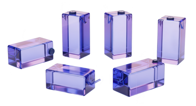 Blue crystal containers arranged on white background Conceptual art illustrating packaging science or product display suitable for advertising