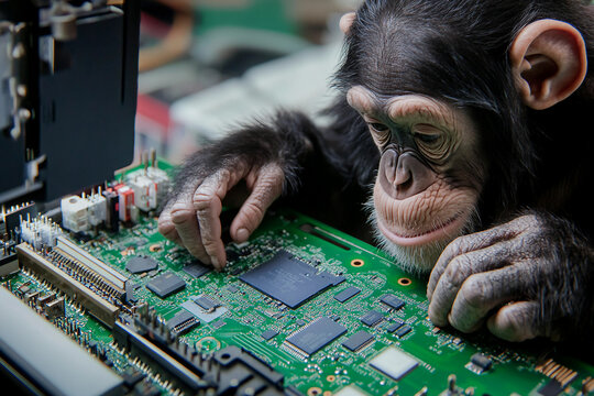 Curious Monkey Fixing Gadget Motherboard with Computer Hardware Generative AI Concept